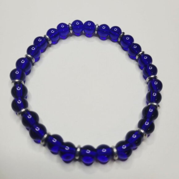 NWT Mens Translucent Cobalt Blue Glass Bead Stretch Bracelet With Heishi Spacers - Picture 9 of 9